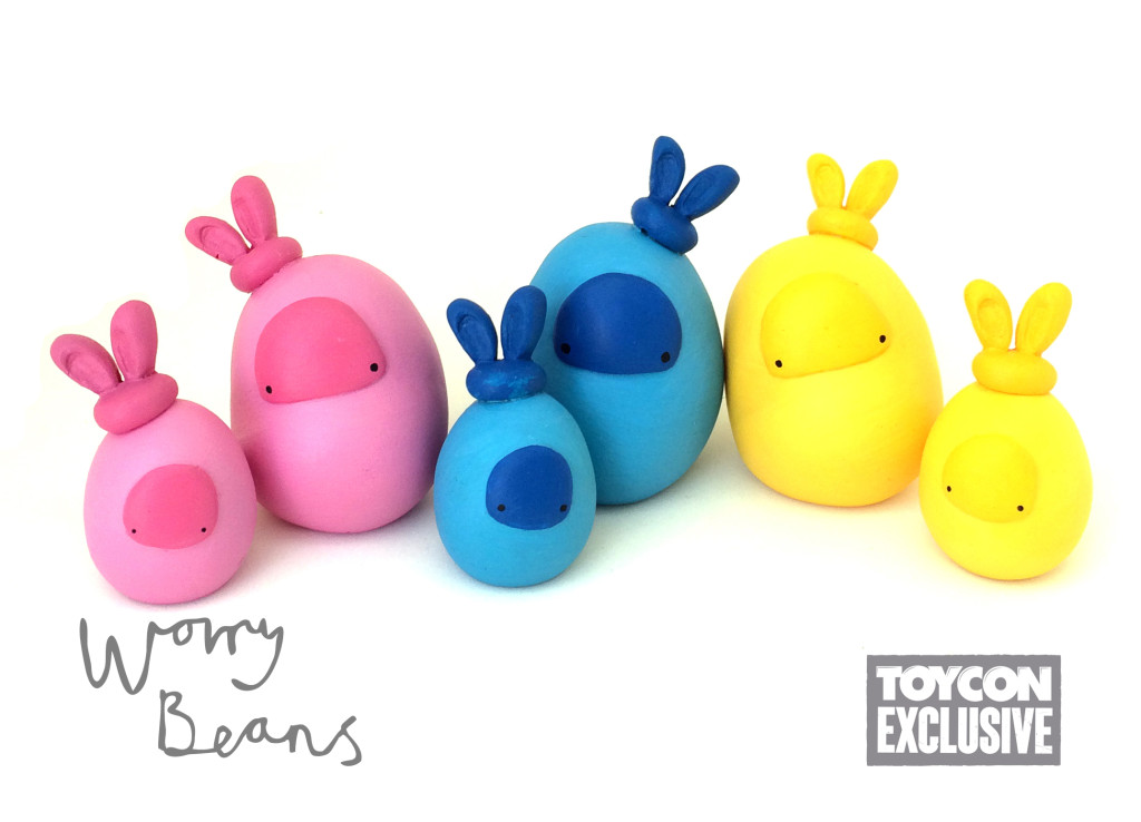 easter bunnies taylored curiosities worry beans toyconuk 2015 designer toy sculpt ooak handmade uk pink blue yellow toy artistry 2