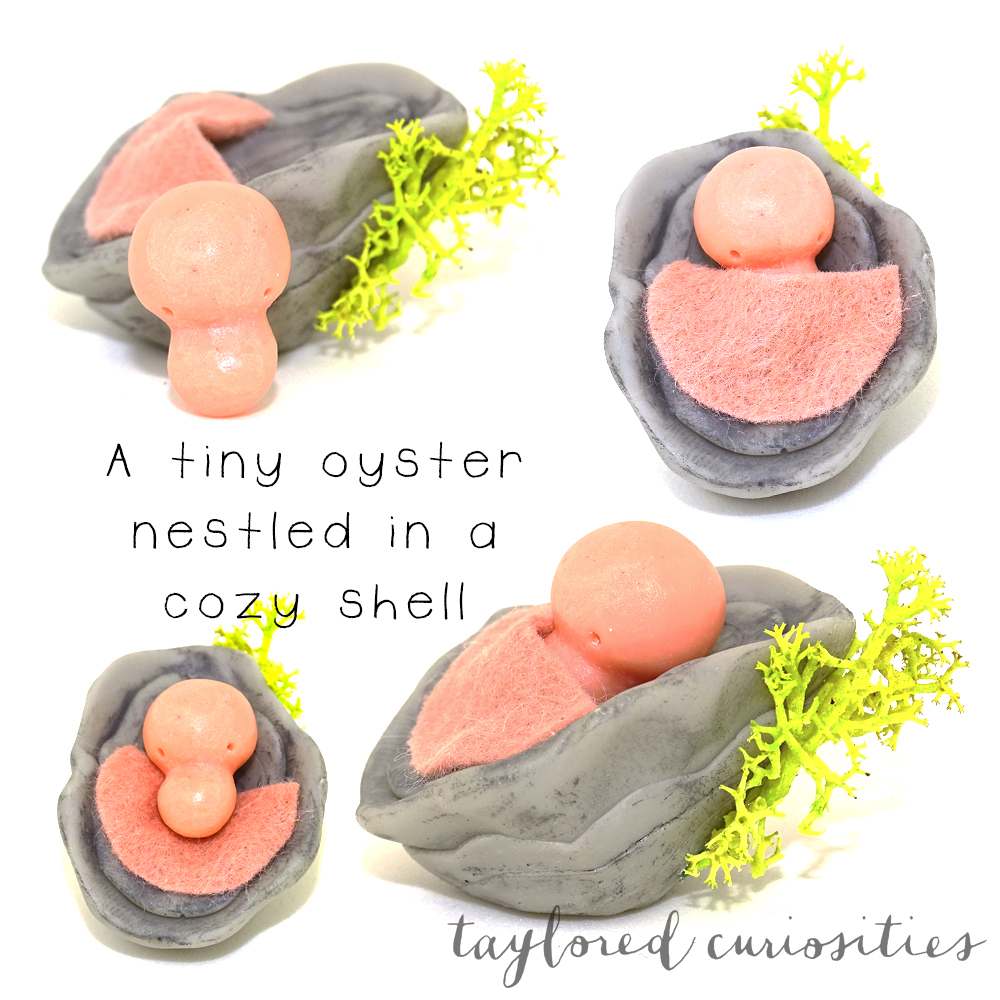 taylored curiosities tiny oyster shell pink grey seaweed marine sea creature handmade sculpt original copyright protected miniature baby